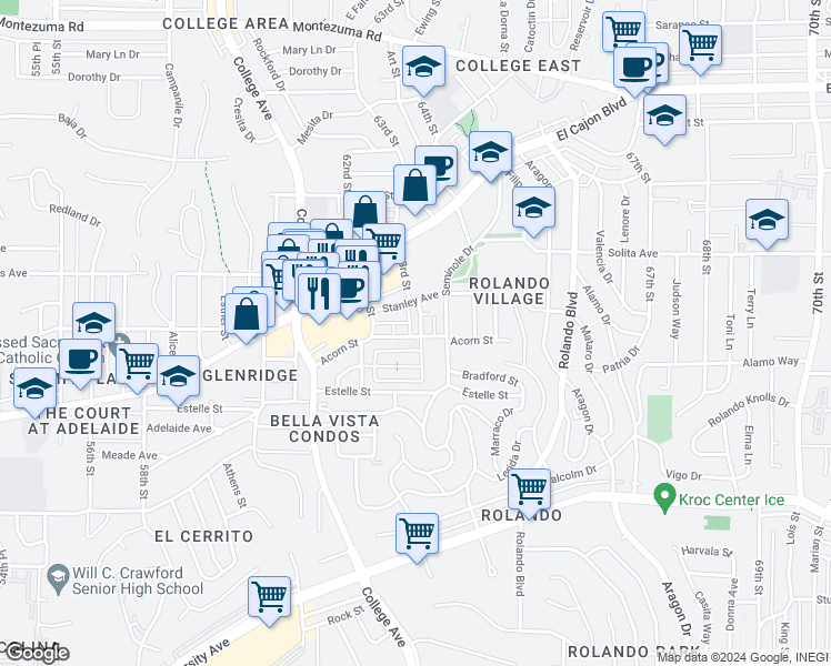 map of restaurants, bars, coffee shops, grocery stores, and more near 6266 Madeline Street in San Diego