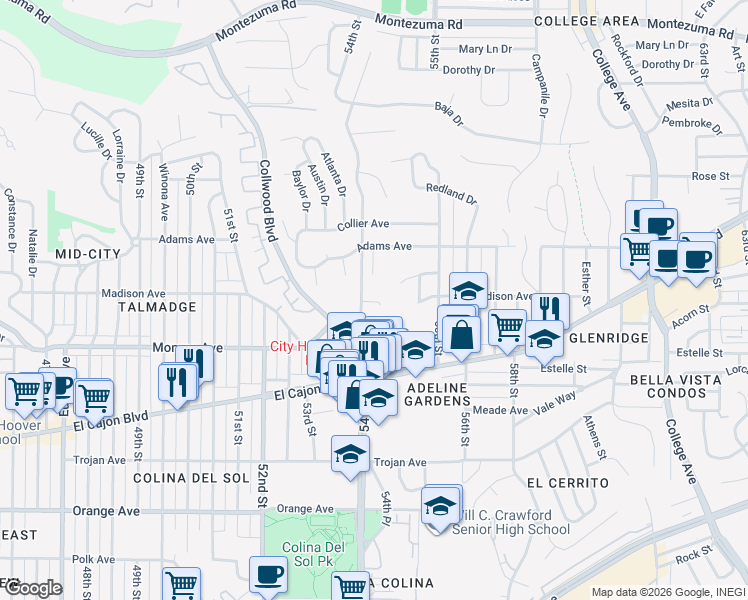 map of restaurants, bars, coffee shops, grocery stores, and more near 4533 54th Street in San Diego