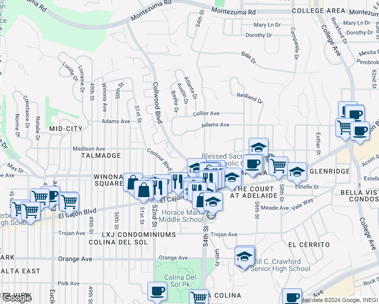 map of restaurants, bars, coffee shops, grocery stores, and more near in San Diego