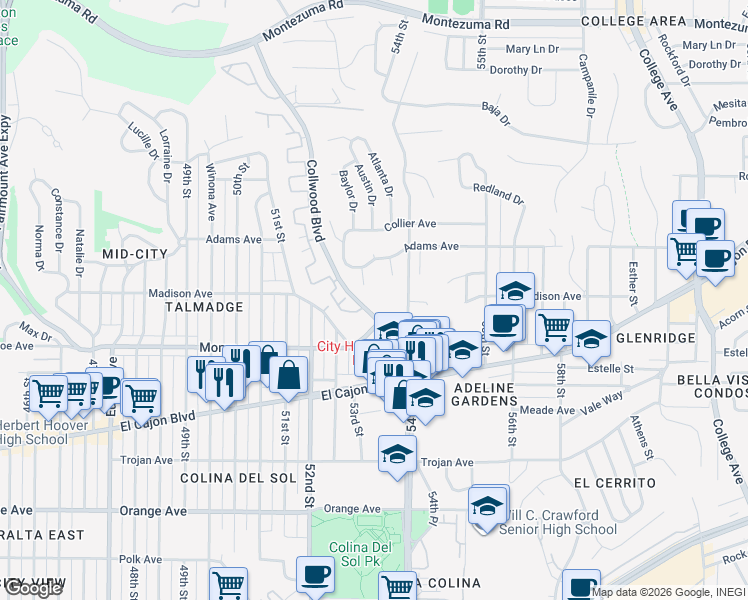 map of restaurants, bars, coffee shops, grocery stores, and more near in San Diego