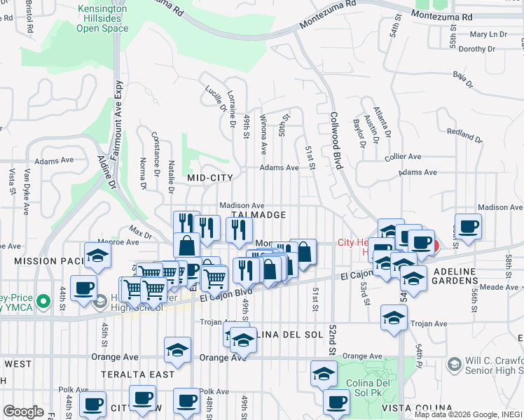 map of restaurants, bars, coffee shops, grocery stores, and more near in San Diego