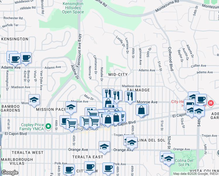 map of restaurants, bars, coffee shops, grocery stores, and more near 4552 47th Street in San Diego