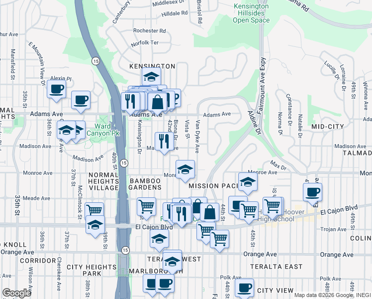 map of restaurants, bars, coffee shops, grocery stores, and more near 4560 Vista Street in San Diego