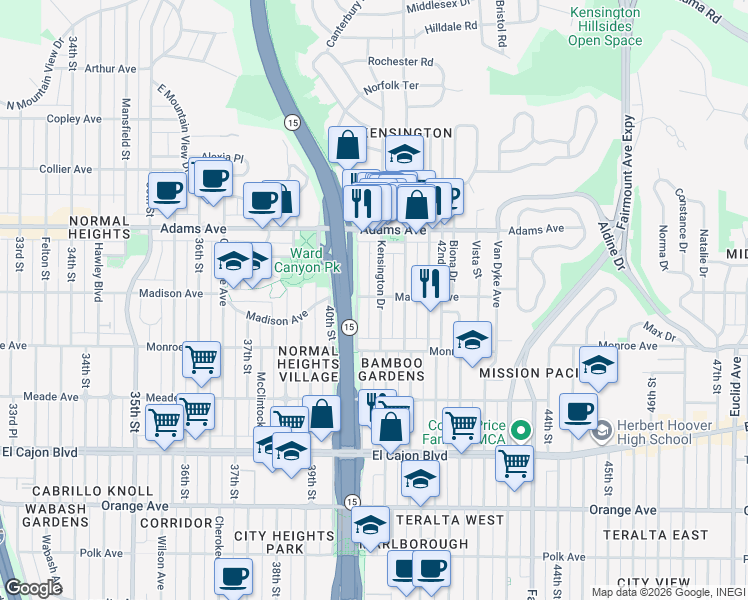 map of restaurants, bars, coffee shops, grocery stores, and more near 4547 Terrace Drive in San Diego