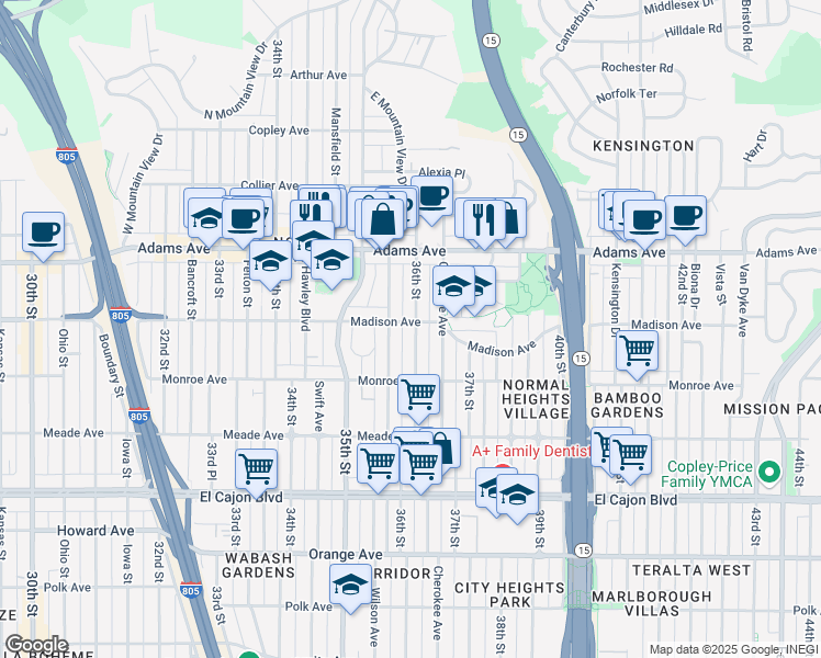 map of restaurants, bars, coffee shops, grocery stores, and more near 4546 36th Street in San Diego