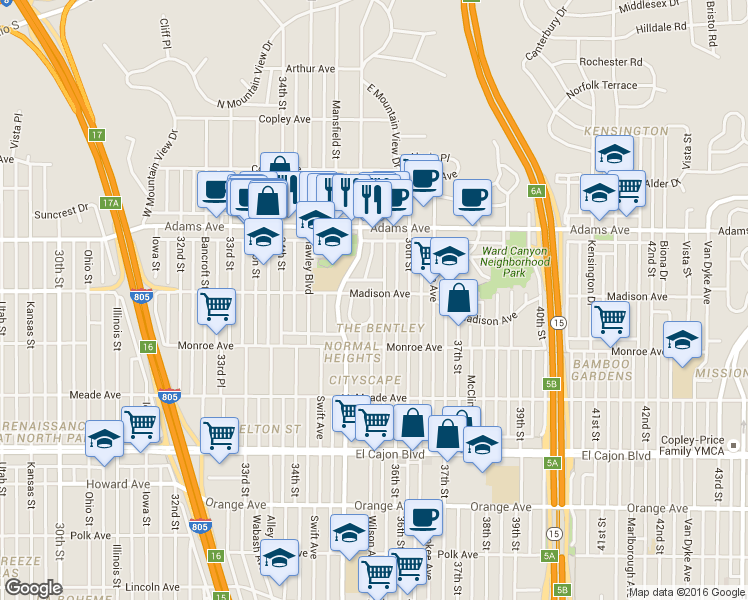 map of restaurants, bars, coffee shops, grocery stores, and more near 4561 35th Place in San Diego