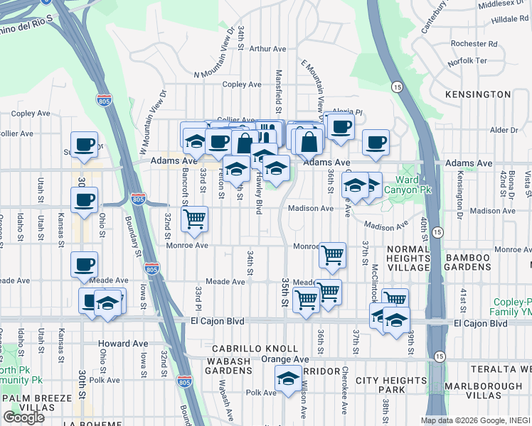 map of restaurants, bars, coffee shops, grocery stores, and more near 4544 35th Street in San Diego