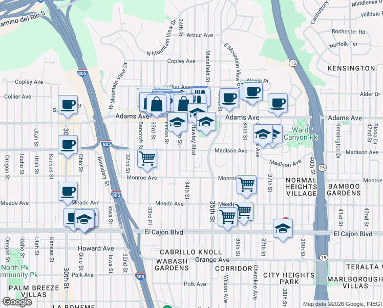 map of restaurants, bars, coffee shops, grocery stores, and more near 4540 Hawley Boulevard in San Diego