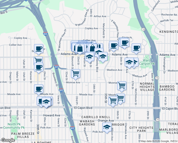 map of restaurants, bars, coffee shops, grocery stores, and more near 4546 34th Street in San Diego