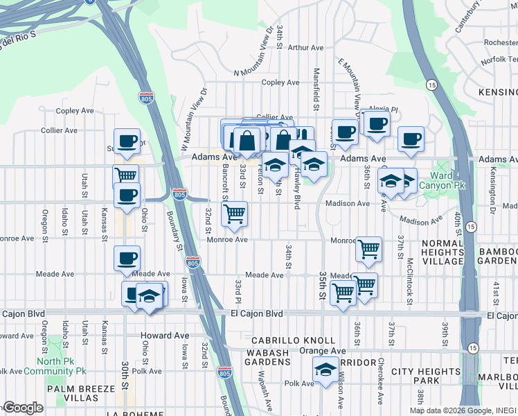 map of restaurants, bars, coffee shops, grocery stores, and more near 4546 34th Street in San Diego