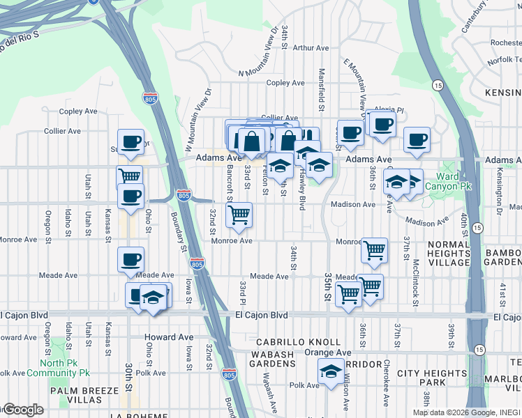 map of restaurants, bars, coffee shops, grocery stores, and more near 4546 34th Street in San Diego
