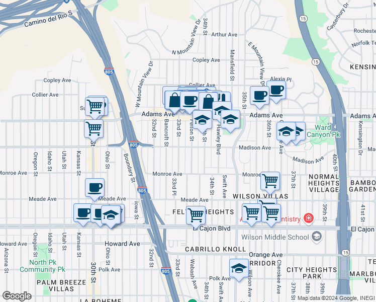 map of restaurants, bars, coffee shops, grocery stores, and more near 4546 34th Street in San Diego