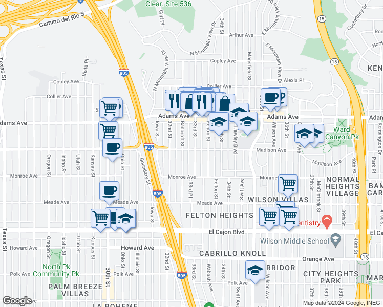 map of restaurants, bars, coffee shops, grocery stores, and more near 4550 33rd Street in San Diego