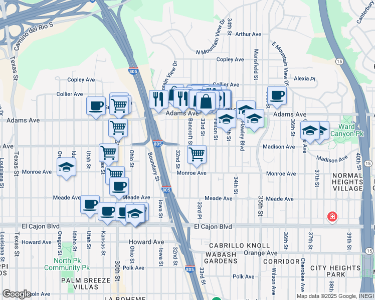 map of restaurants, bars, coffee shops, grocery stores, and more near 4551 32nd Street in San Diego