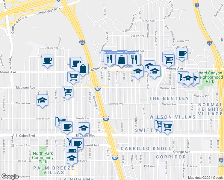 map of restaurants, bars, coffee shops, grocery stores, and more near 4551 32nd Street in San Diego