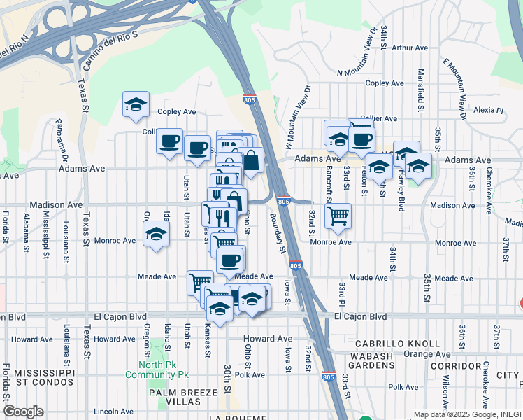 map of restaurants, bars, coffee shops, grocery stores, and more near 4541 Illinois Street in San Diego