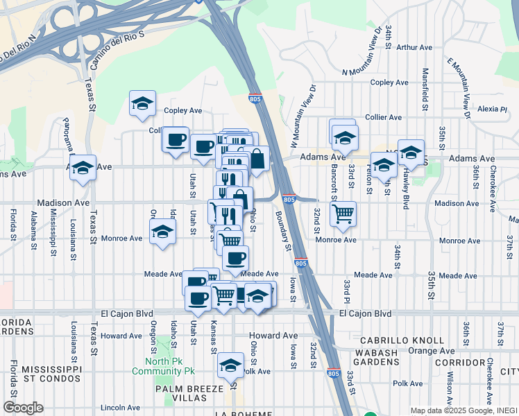 map of restaurants, bars, coffee shops, grocery stores, and more near 4544 Ohio Street in San Diego