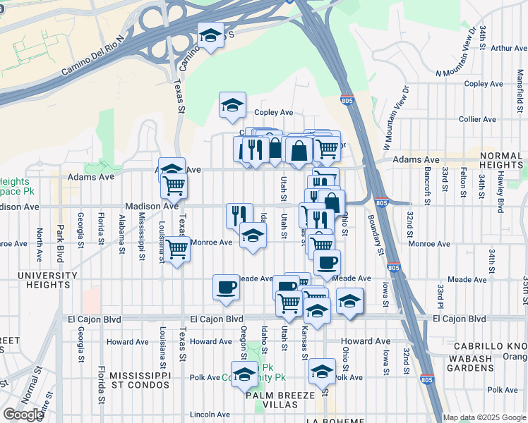map of restaurants, bars, coffee shops, grocery stores, and more near 4533 Idaho Street in San Diego