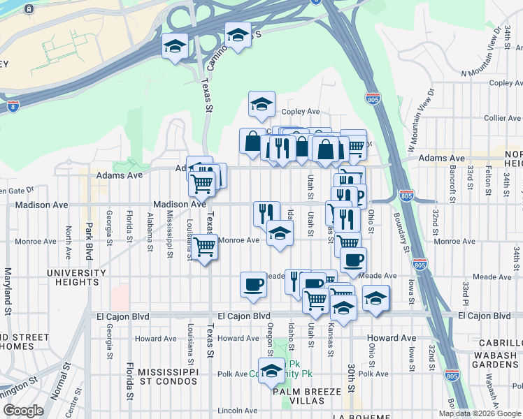 map of restaurants, bars, coffee shops, grocery stores, and more near 4545 Oregon Street in San Diego