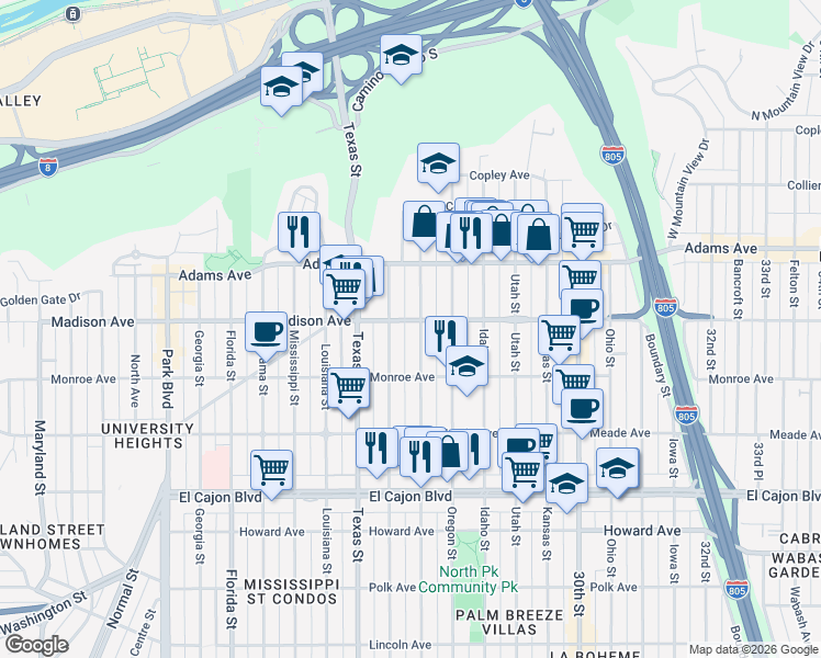 map of restaurants, bars, coffee shops, grocery stores, and more near 4544 Hamilton Street in San Diego