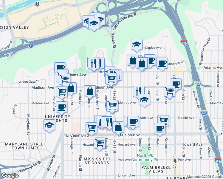 map of restaurants, bars, coffee shops, grocery stores, and more near 4544 Shirley Ann Place in San Diego