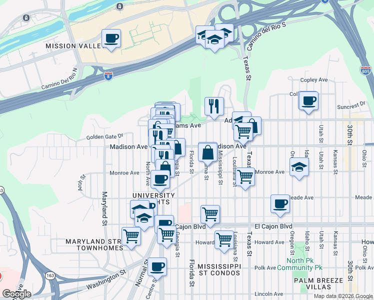 map of restaurants, bars, coffee shops, grocery stores, and more near 4546 Florida Street in San Diego