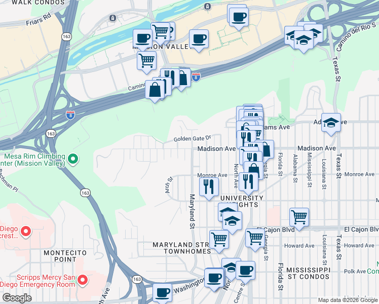 map of restaurants, bars, coffee shops, grocery stores, and more near 4544 Maryland Street in San Diego