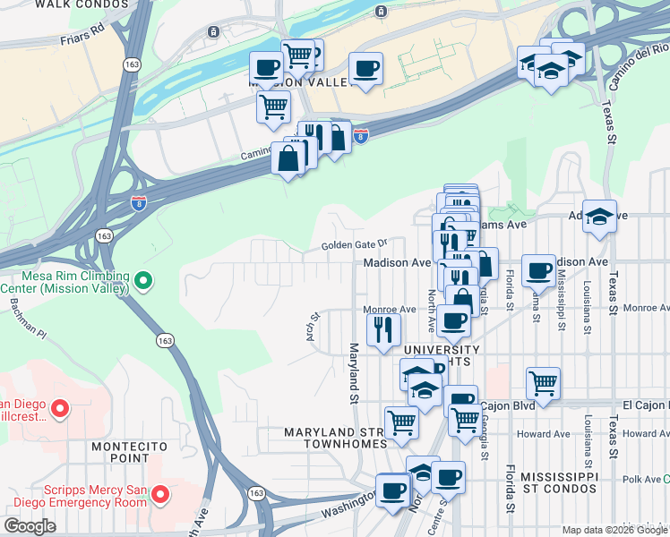 map of restaurants, bars, coffee shops, grocery stores, and more near 4544 Maryland Street in San Diego
