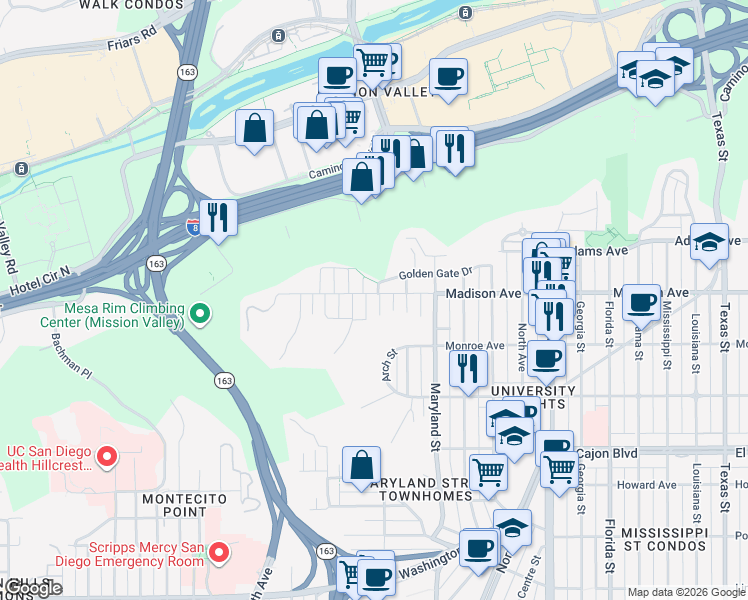 map of restaurants, bars, coffee shops, grocery stores, and more near 4555 Rhode Island Street in San Diego