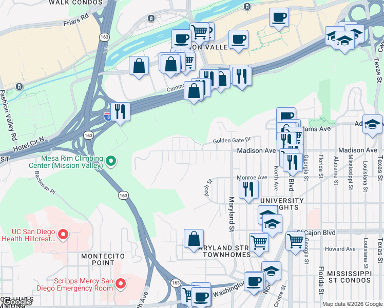 map of restaurants, bars, coffee shops, grocery stores, and more near 4561 Rhode Island Street in San Diego