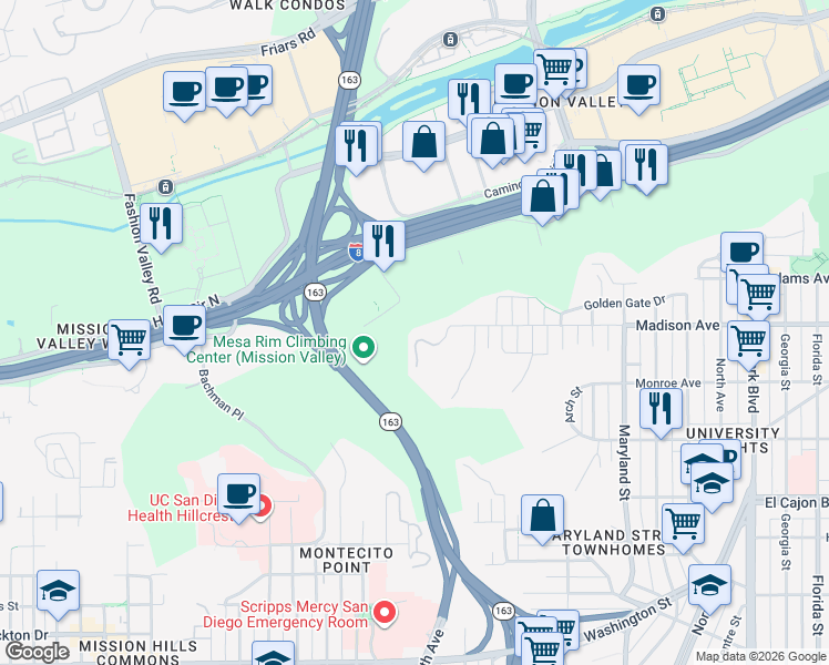 map of restaurants, bars, coffee shops, grocery stores, and more near 4487 Caminito Fuente in San Diego