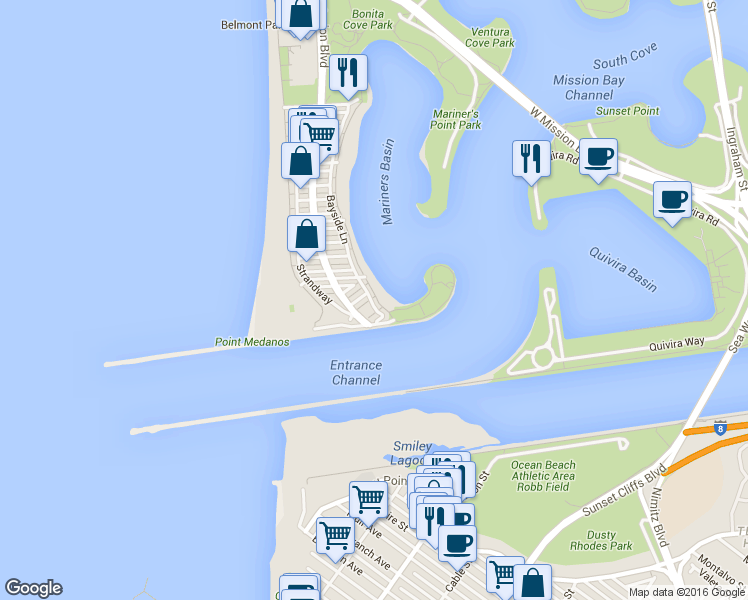 map of restaurants, bars, coffee shops, grocery stores, and more near 801 Aspin Court in San Diego