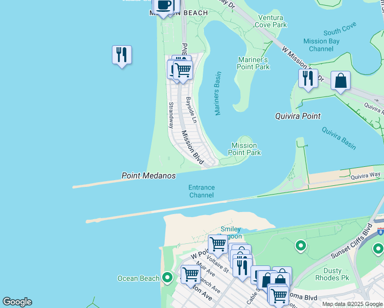 map of restaurants, bars, coffee shops, grocery stores, and more near 2629 Ocean Front Walk in San Diego