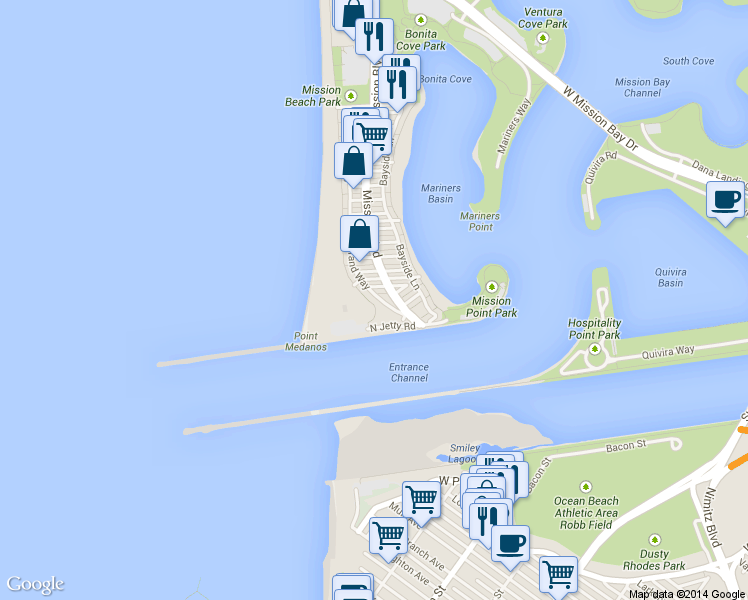 map of restaurants, bars, coffee shops, grocery stores, and more near 2629 Ocean Front Walk in San Diego