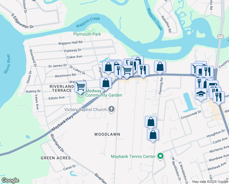 map of restaurants, bars, coffee shops, grocery stores, and more near 245 Woodland Shores Road in Charleston