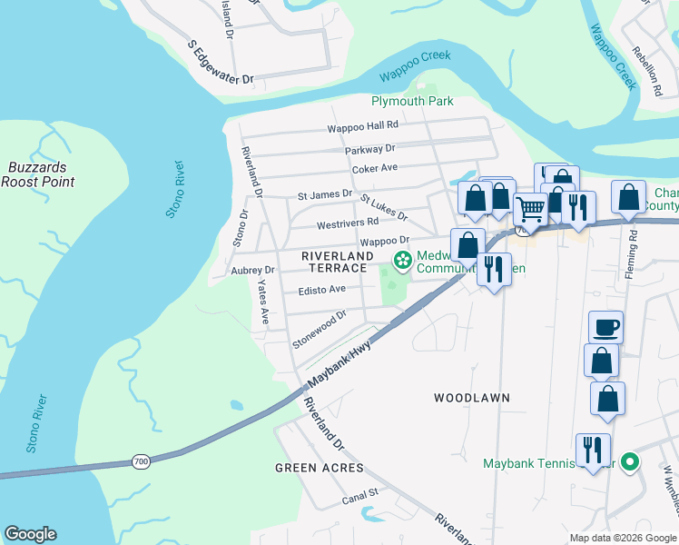 map of restaurants, bars, coffee shops, grocery stores, and more near 2157 Edisto Avenue in Charleston