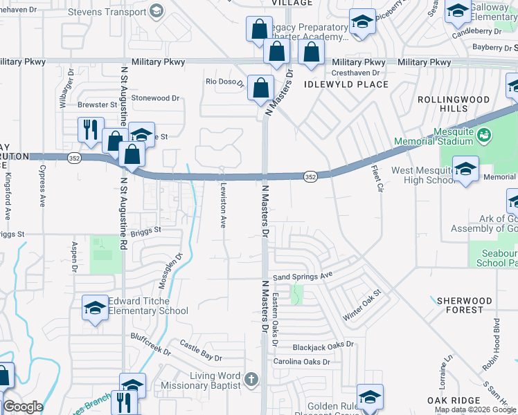 map of restaurants, bars, coffee shops, grocery stores, and more near 2802 North Masters Drive in Dallas
