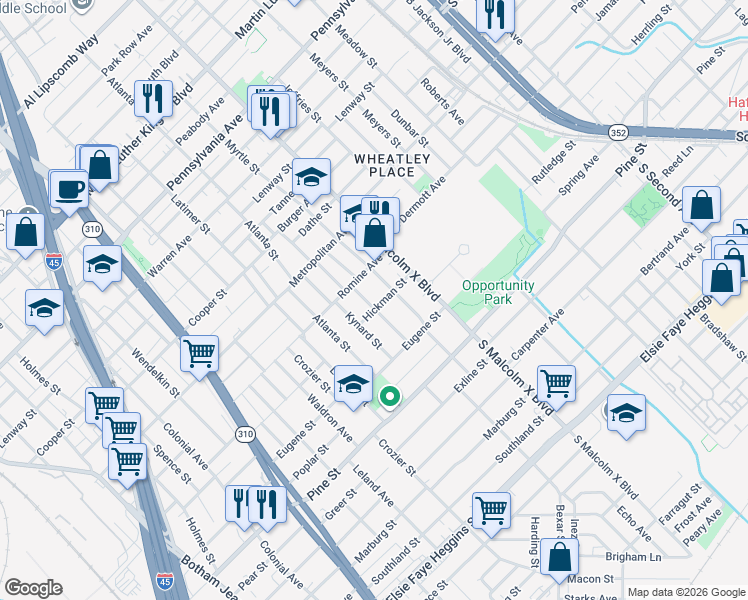 map of restaurants, bars, coffee shops, grocery stores, and more near 3834 Kynard Street in Dallas