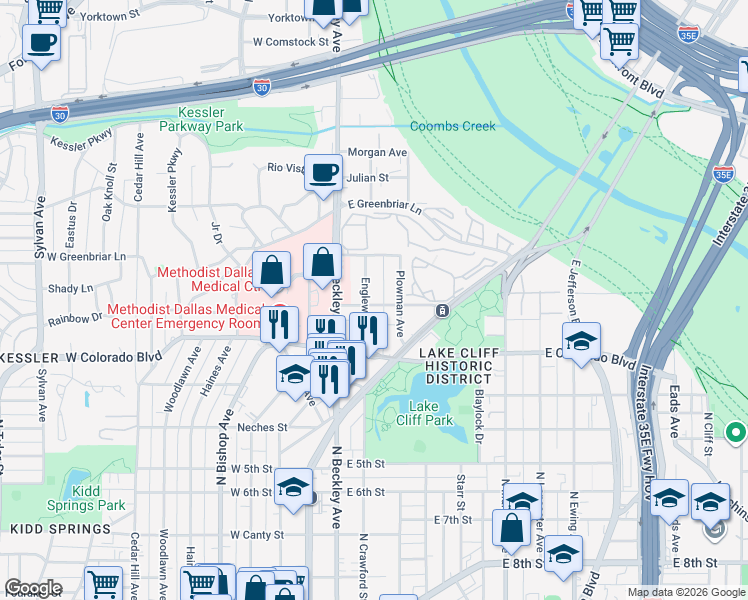 map of restaurants, bars, coffee shops, grocery stores, and more near 1329 Englewood Road in Dallas