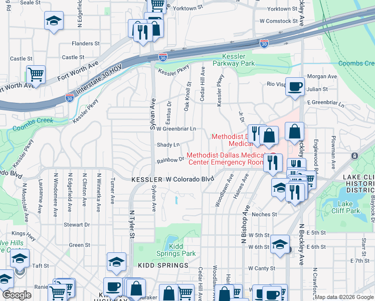 map of restaurants, bars, coffee shops, grocery stores, and more near 1400 Yakimo Drive in Dallas