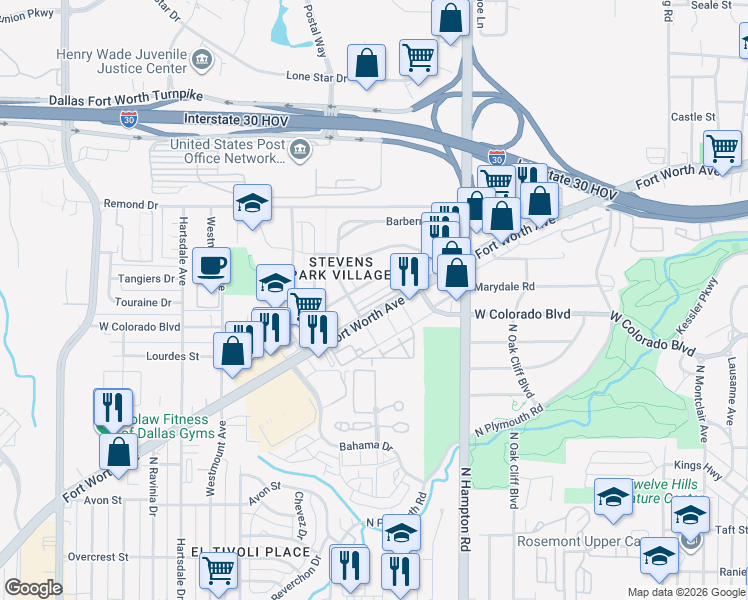 map of restaurants, bars, coffee shops, grocery stores, and more near in Dallas