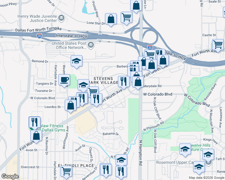 map of restaurants, bars, coffee shops, grocery stores, and more near in Dallas