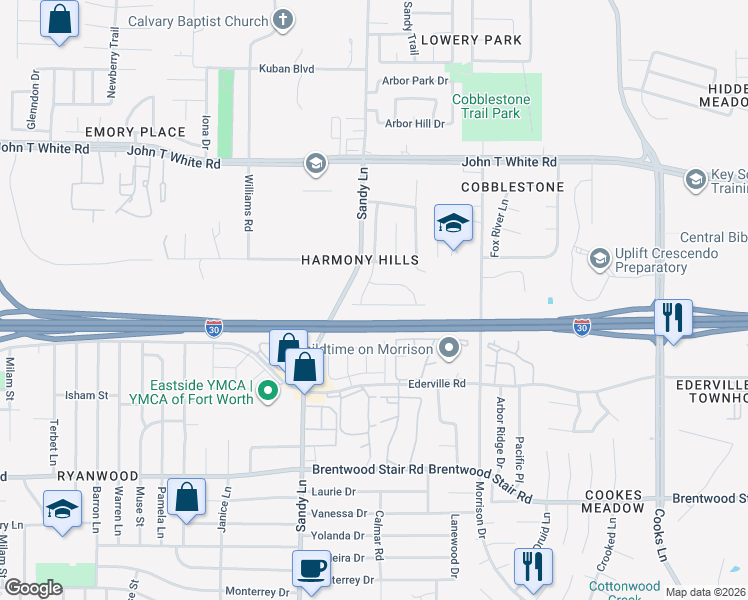 map of restaurants, bars, coffee shops, grocery stores, and more near 7424 Maroon Drive in Fort Worth