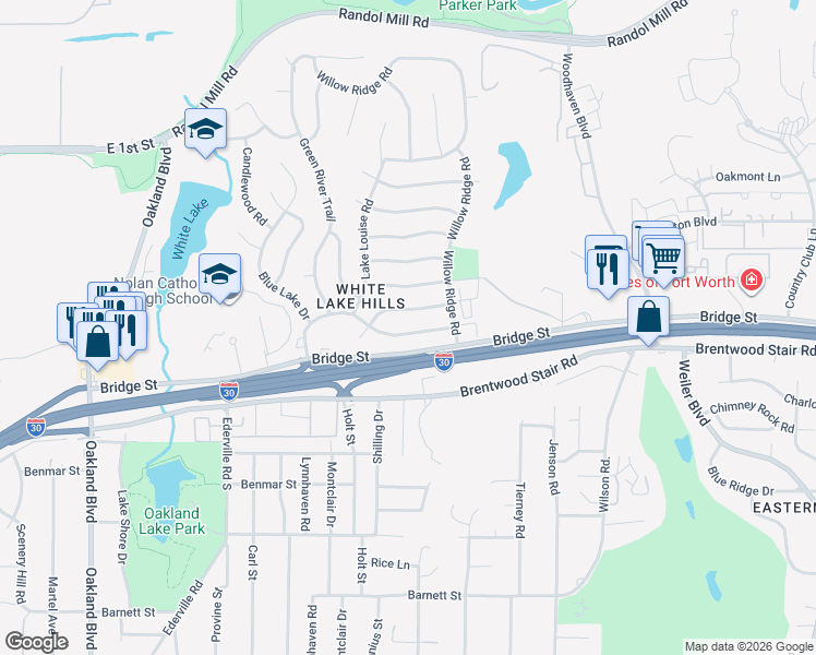 map of restaurants, bars, coffee shops, grocery stores, and more near 4920 Saint Lawrence Road in Fort Worth