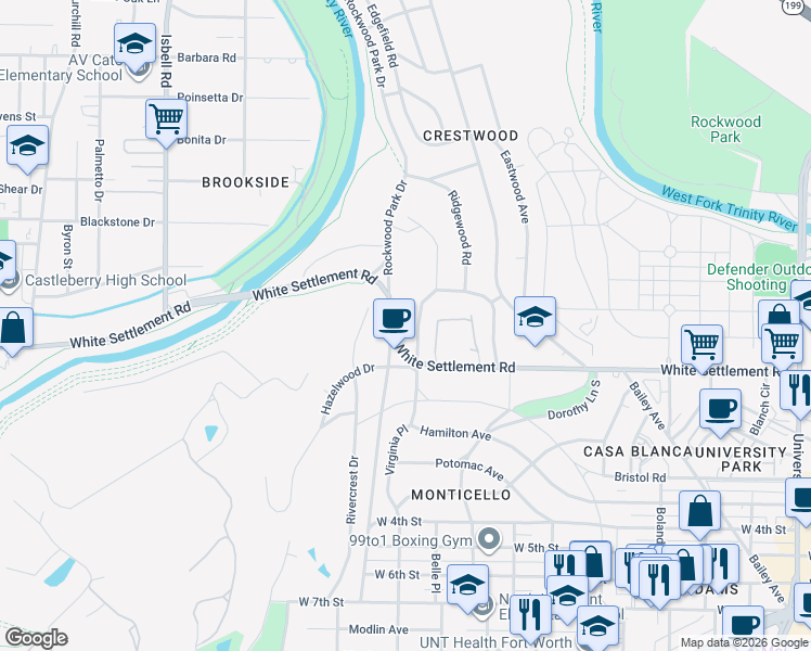 map of restaurants, bars, coffee shops, grocery stores, and more near 4010 White Settlement Road in Fort Worth