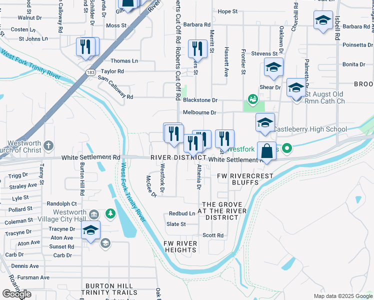 map of restaurants, bars, coffee shops, grocery stores, and more near 109 South Roberts Cut Off Road in Fort Worth