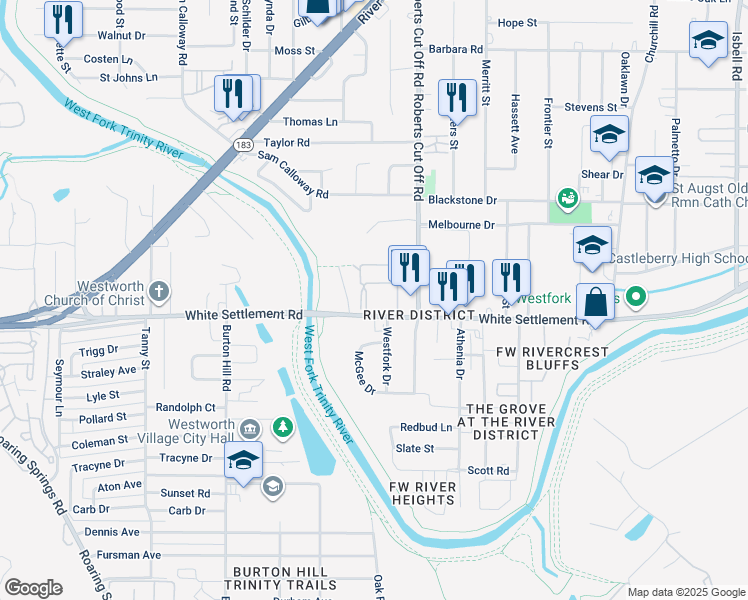 map of restaurants, bars, coffee shops, grocery stores, and more near 5328 White Settlement Road in Fort Worth