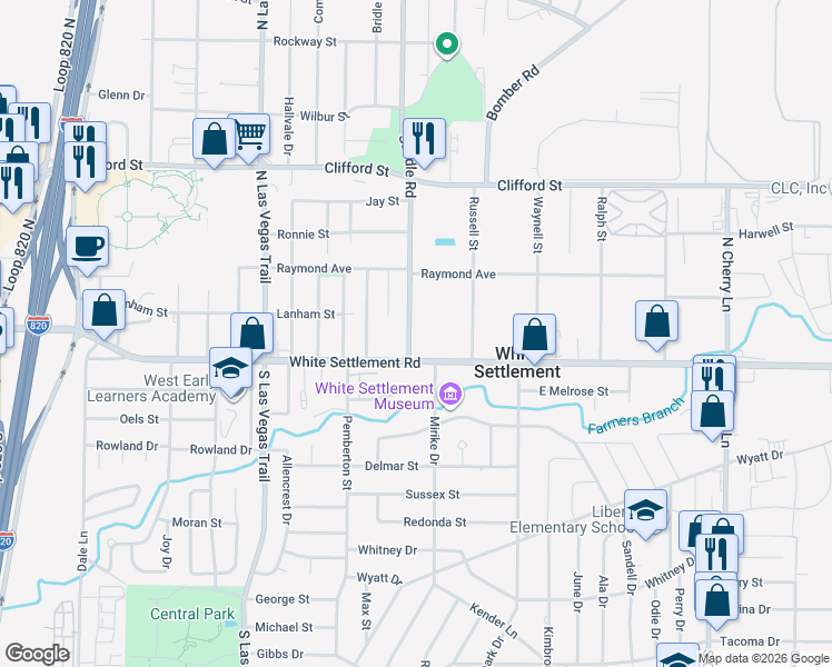 map of restaurants, bars, coffee shops, grocery stores, and more near 8330 White Settlement Road in White Settlement