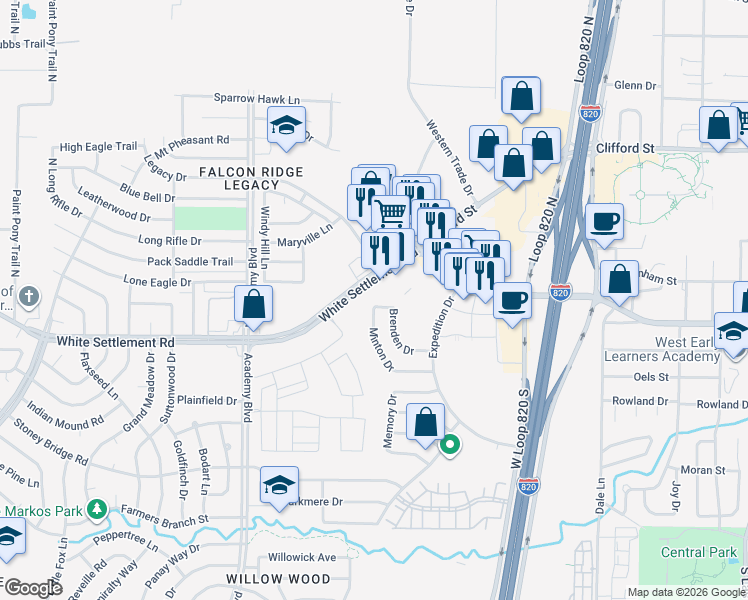 map of restaurants, bars, coffee shops, grocery stores, and more near 9717 Brenden Drive in Fort Worth