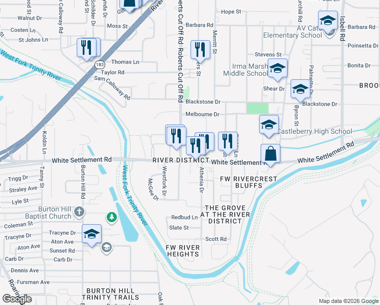 map of restaurants, bars, coffee shops, grocery stores, and more near 109 South Roberts Cut Off Road in Fort Worth